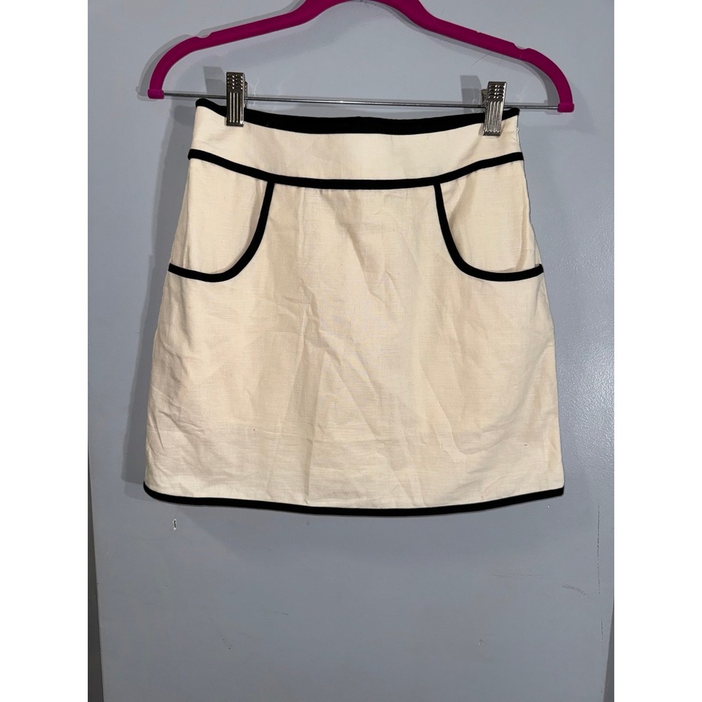 Commense cream black binding trim waist pockets mini skirt‎ linen blend small